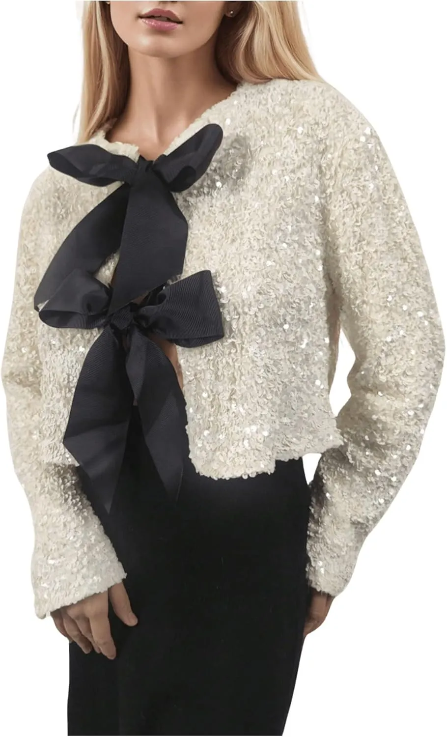MakeMeChic Women's Sequin Glitter Bow Front Cardigan Long Sleeve Elegant Cropped Jacket