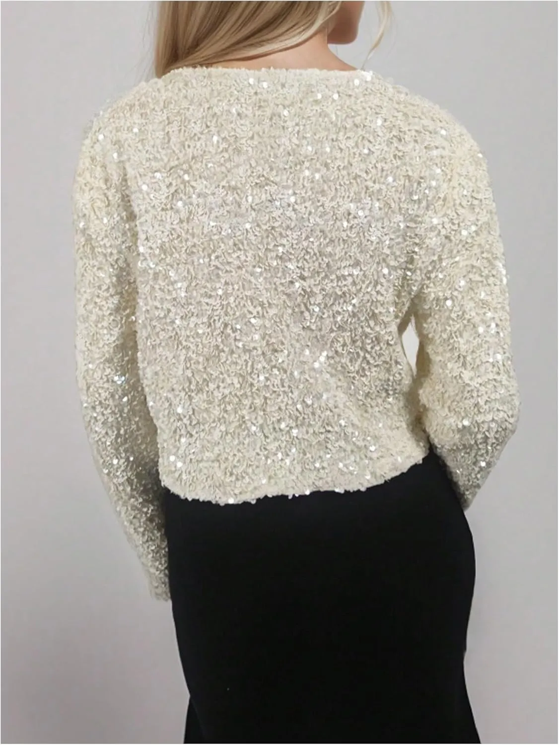 MakeMeChic Women's Sequin Glitter Bow Front Cardigan Long Sleeve Elegant Cropped Jacket