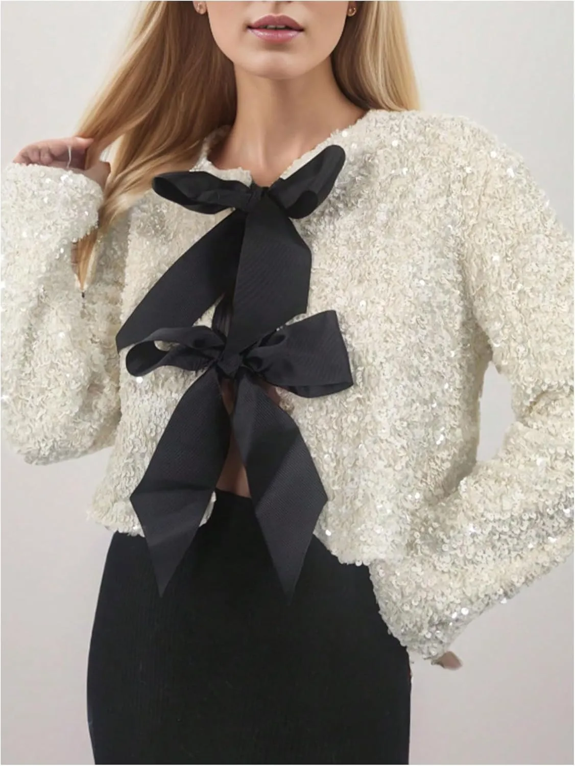 MakeMeChic Women's Sequin Glitter Bow Front Cardigan Long Sleeve Elegant Cropped Jacket
