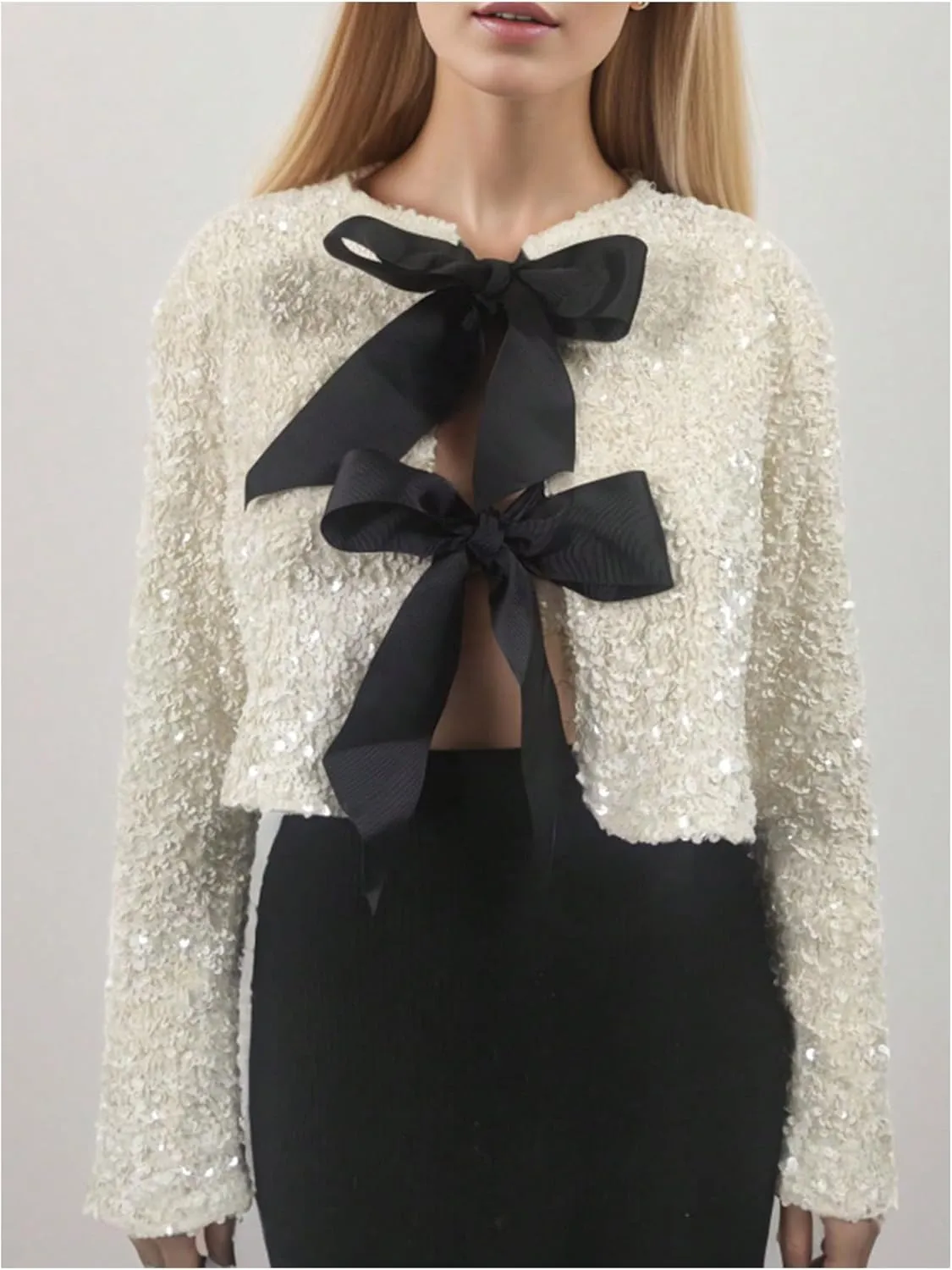 MakeMeChic Women's Sequin Glitter Bow Front Cardigan Long Sleeve Elegant Cropped Jacket