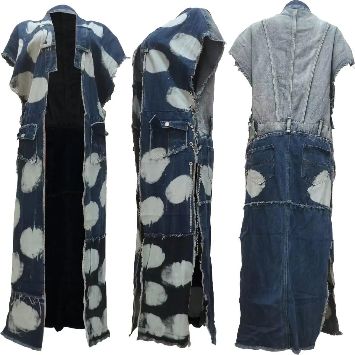 Mandonce Denim Jacket for Women Patchwork Multi-Pocket Chain Short Sleeve with Fringes Long Jackets Club Outfits for Women