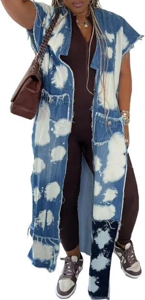 Mandonce Denim Jacket for Women Patchwork Multi-Pocket Chain Short Sleeve with Fringes Long Jackets Club Outfits for Women