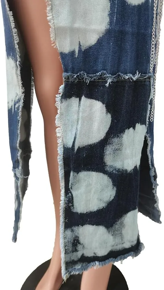 Mandonce Denim Jacket for Women Patchwork Multi-Pocket Chain Short Sleeve with Fringes Long Jackets Club Outfits for Women