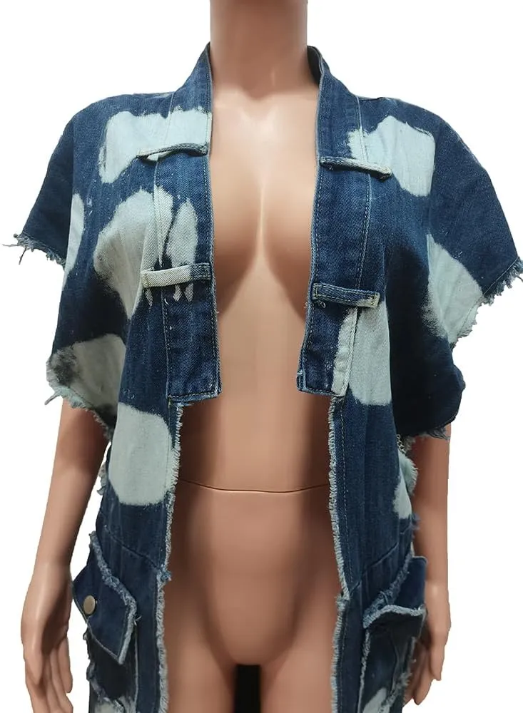 Mandonce Denim Jacket for Women Patchwork Multi-Pocket Chain Short Sleeve with Fringes Long Jackets Club Outfits for Women