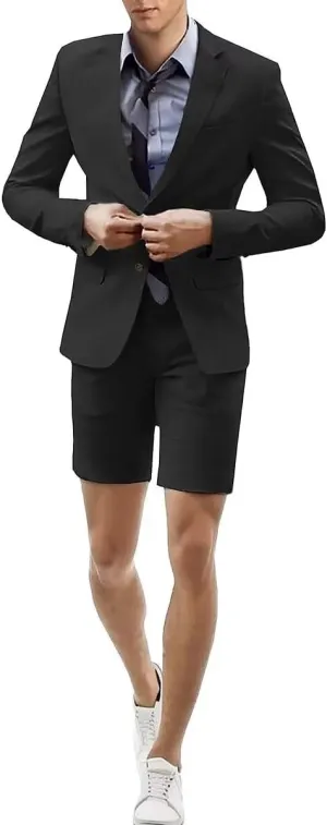 Men's 2 Piece Short Suits Set Blazer Short Pants Slim Fit Casual Mens Summer Suit