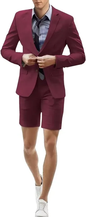 Men's 2 Piece Short Suits Set Blazer Short Pants Slim Fit Casual Mens Summer Suit