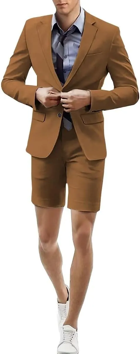Men's 2 Piece Short Suits Set Blazer Short Pants Slim Fit Casual Mens Summer Suit