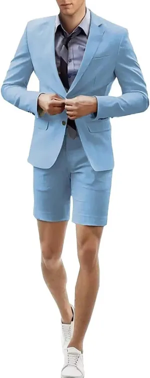 Men's 2 Piece Short Suits Set Blazer Short Pants Slim Fit Casual Mens Summer Suit