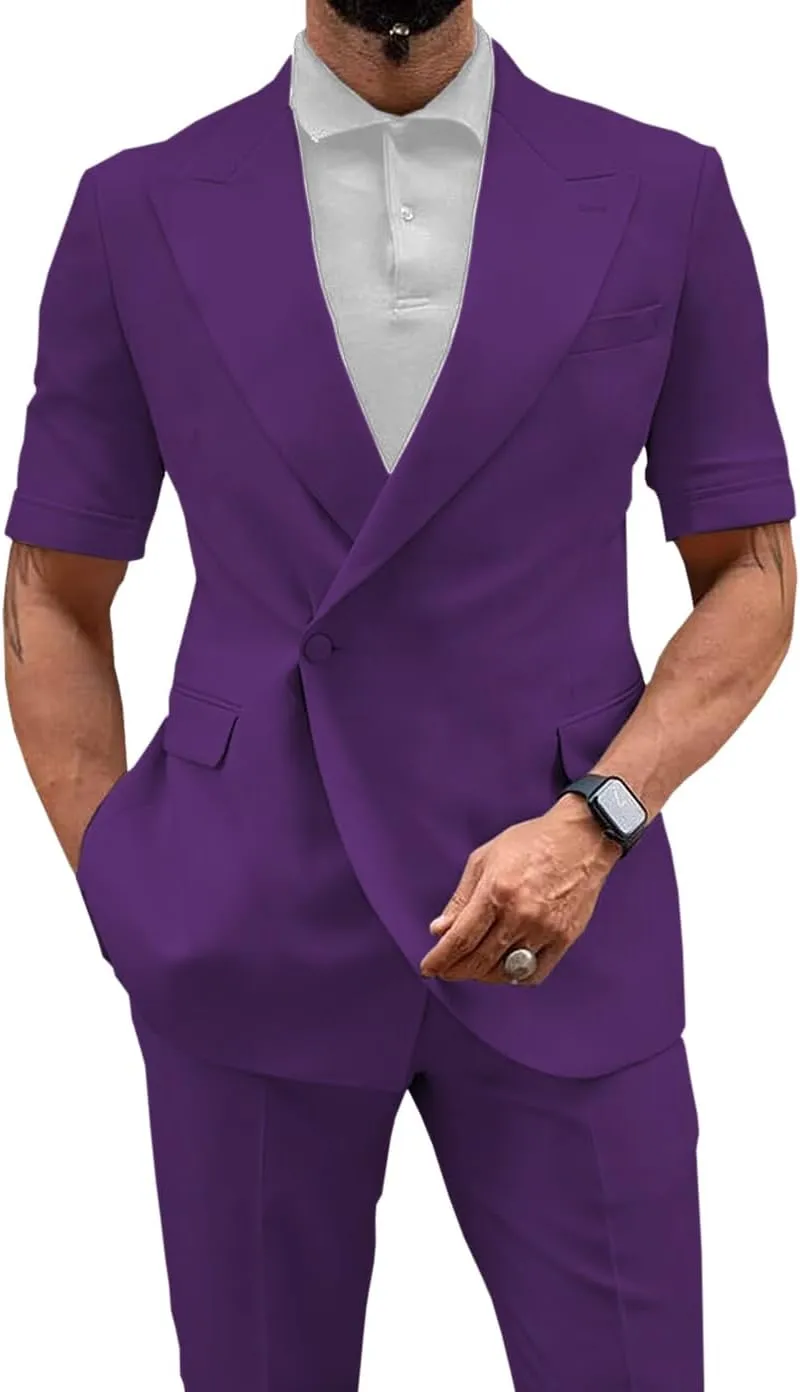 Men's 2 Piece Short Suits Set Short Pants & Short Sleeved Jacket Slim Fit Casual Mens Summer Suit