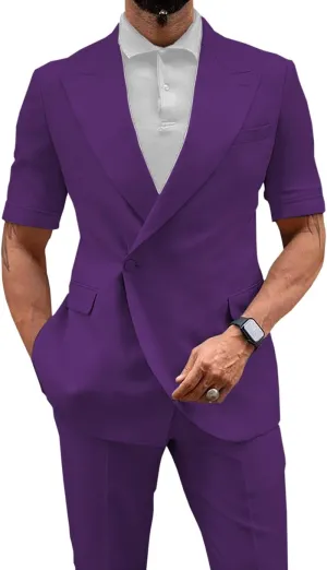 Men's 2 Piece Short Suits Set Short Pants & Short Sleeved Jacket Slim Fit Casual Mens Summer Suit