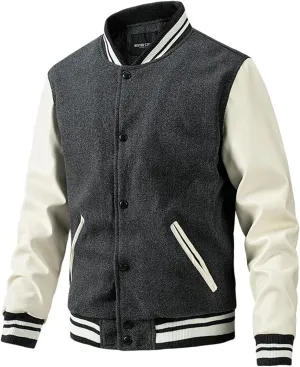 Men's Baseball Jacket Fashion Padded College Varsity Jackets Faux Leather Sleeves Button Down Bomber Coat