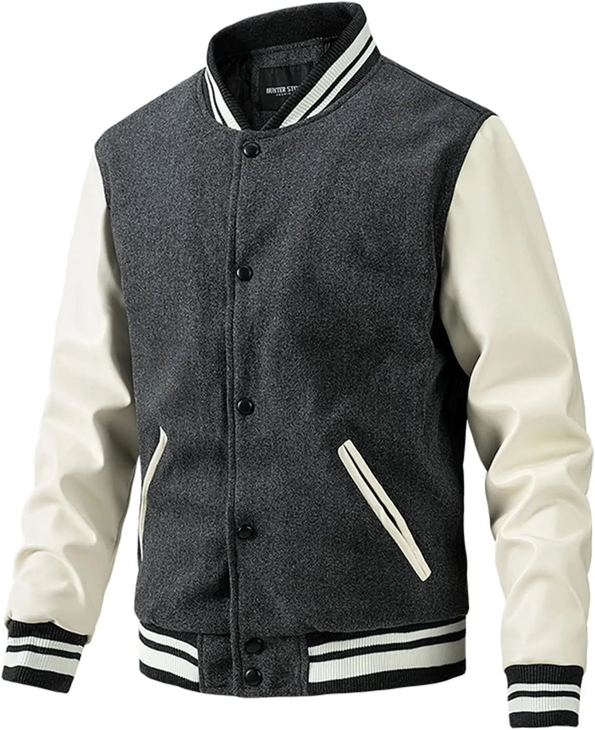 Men's Baseball Jacket Fashion Padded College Varsity Jackets Faux Leather Sleeves Button Down Bomber Coat