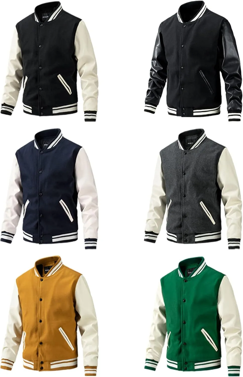 Men's Baseball Jacket Fashion Padded College Varsity Jackets Faux Leather Sleeves Button Down Bomber Coat