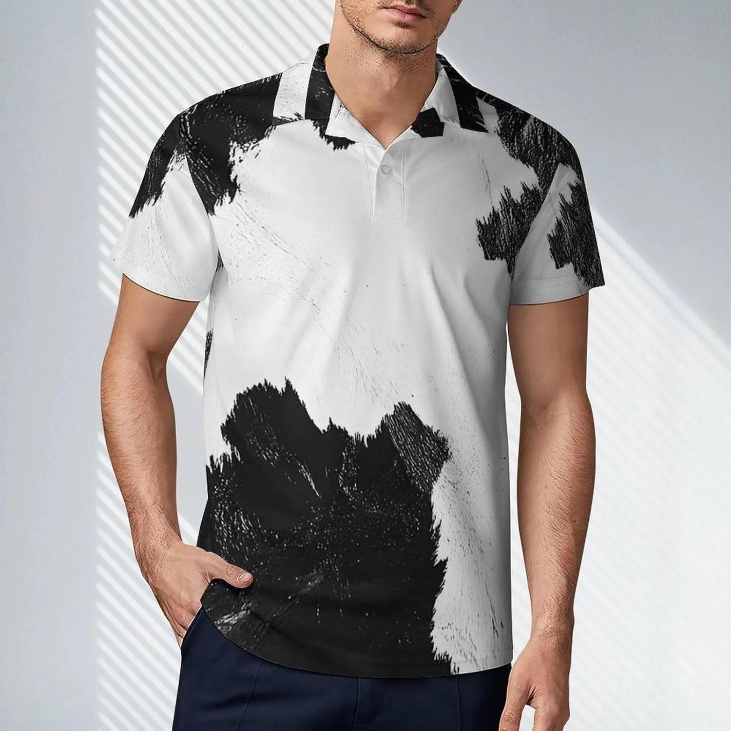 Men's Black White Cow Skin Print Polo Shirts Short Sleeve Cool Golf Shirt Quick-Dry Activewear Polos