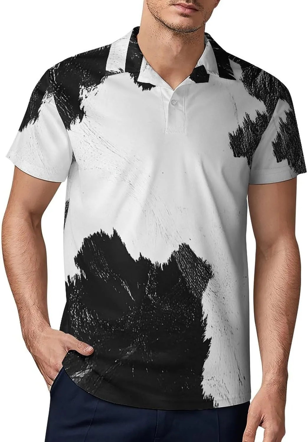 Men's Black White Cow Skin Print Polo Shirts Short Sleeve Cool Golf Shirt Quick-Dry Activewear Polos