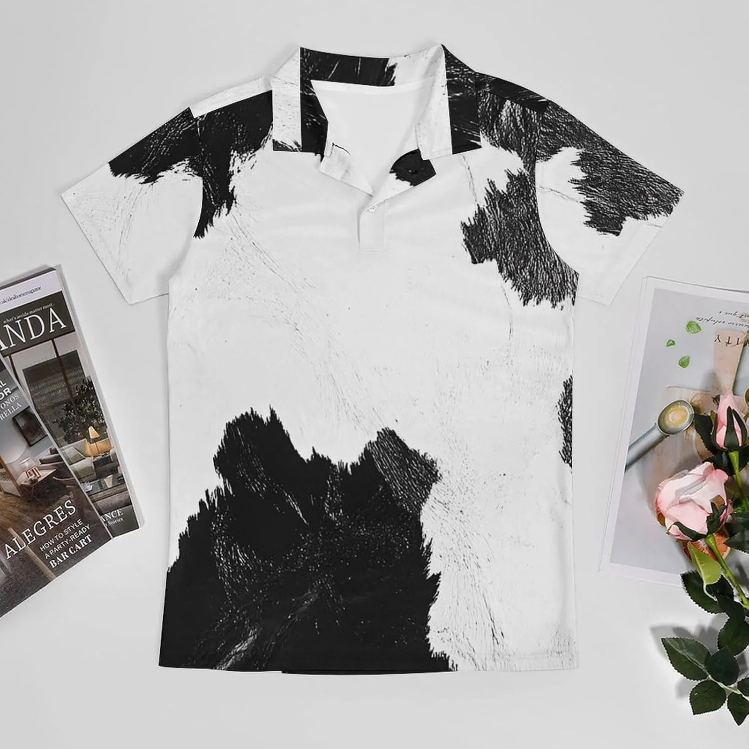 Men's Black White Cow Skin Print Polo Shirts Short Sleeve Cool Golf Shirt Quick-Dry Activewear Polos