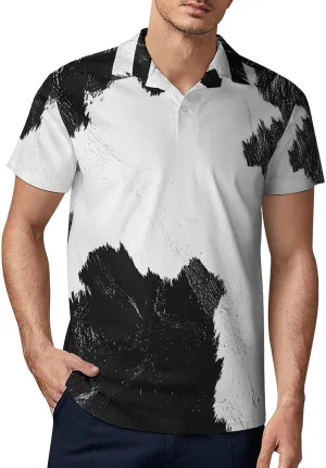 Men's Black White Cow Skin Print Polo Shirts Short Sleeve Cool Golf Shirt Quick-Dry Activewear Polos