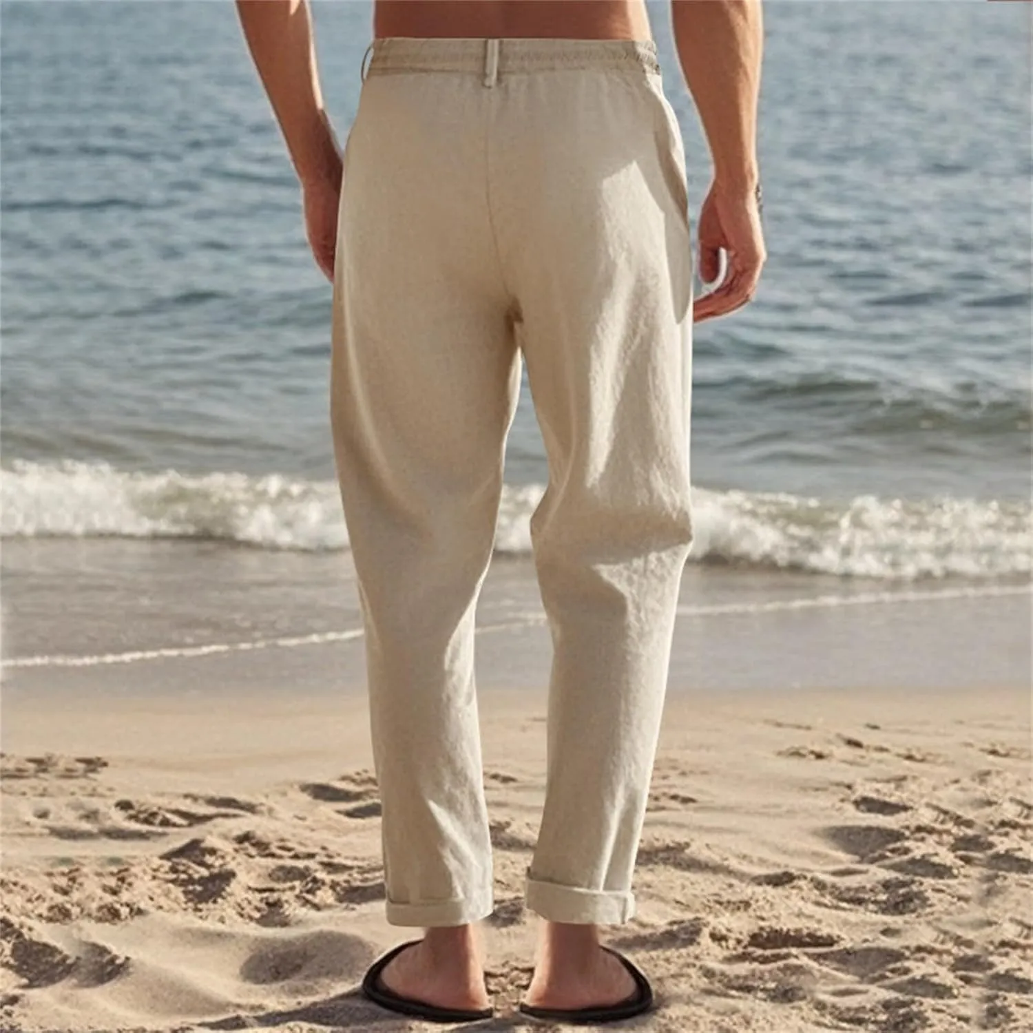 Mens Casual Pants Drawstring Elastic Waist Beach Pants Straight Leg Yoga Pants with Pockets Cropped Sweat Pant Slacks