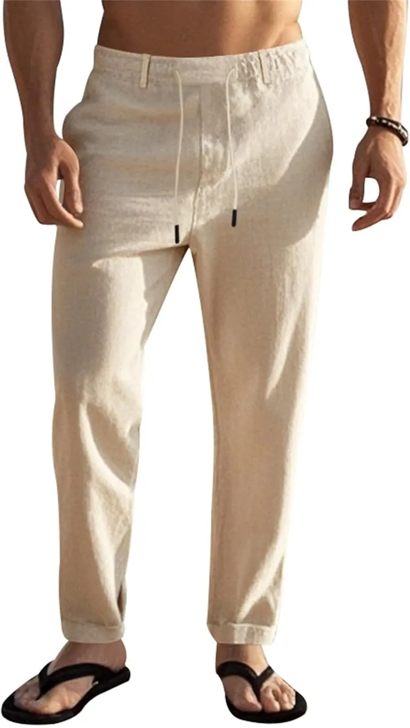 Mens Casual Pants Drawstring Elastic Waist Beach Pants Straight Leg Yoga Pants with Pockets Cropped Sweat Pant Slacks