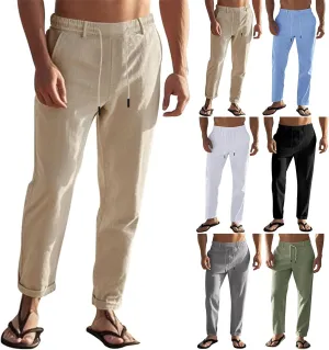 Mens Casual Pants Drawstring Elastic Waist Beach Pants Straight Leg Yoga Pants with Pockets Cropped Sweat Pant Slacks