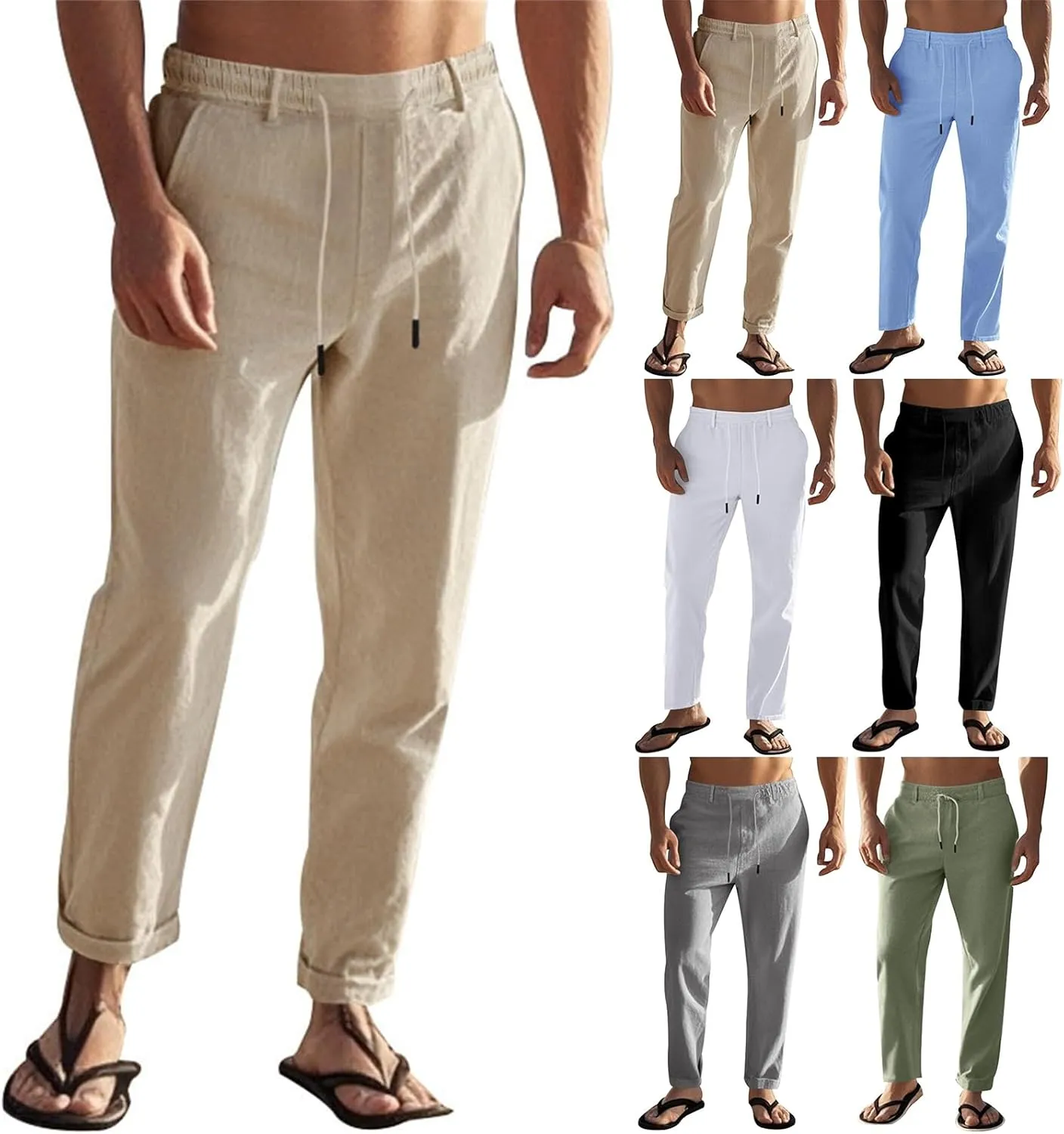 Mens Casual Pants Drawstring Elastic Waist Beach Pants Straight Leg Yoga Pants with Pockets Cropped Sweat Pant Slacks
