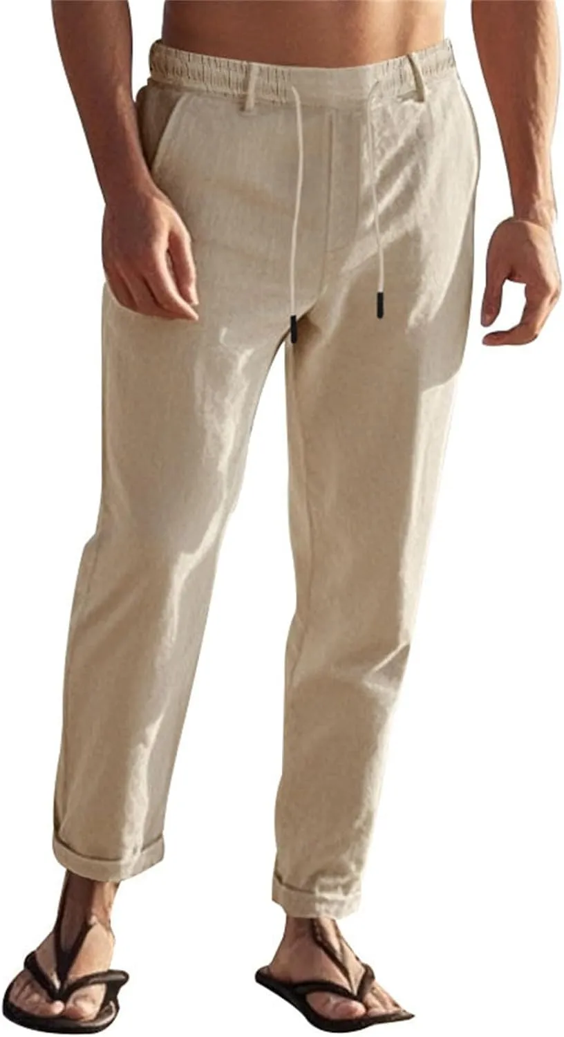 Mens Casual Pants Drawstring Elastic Waist Beach Pants Straight Leg Yoga Pants with Pockets Cropped Sweat Pant Slacks