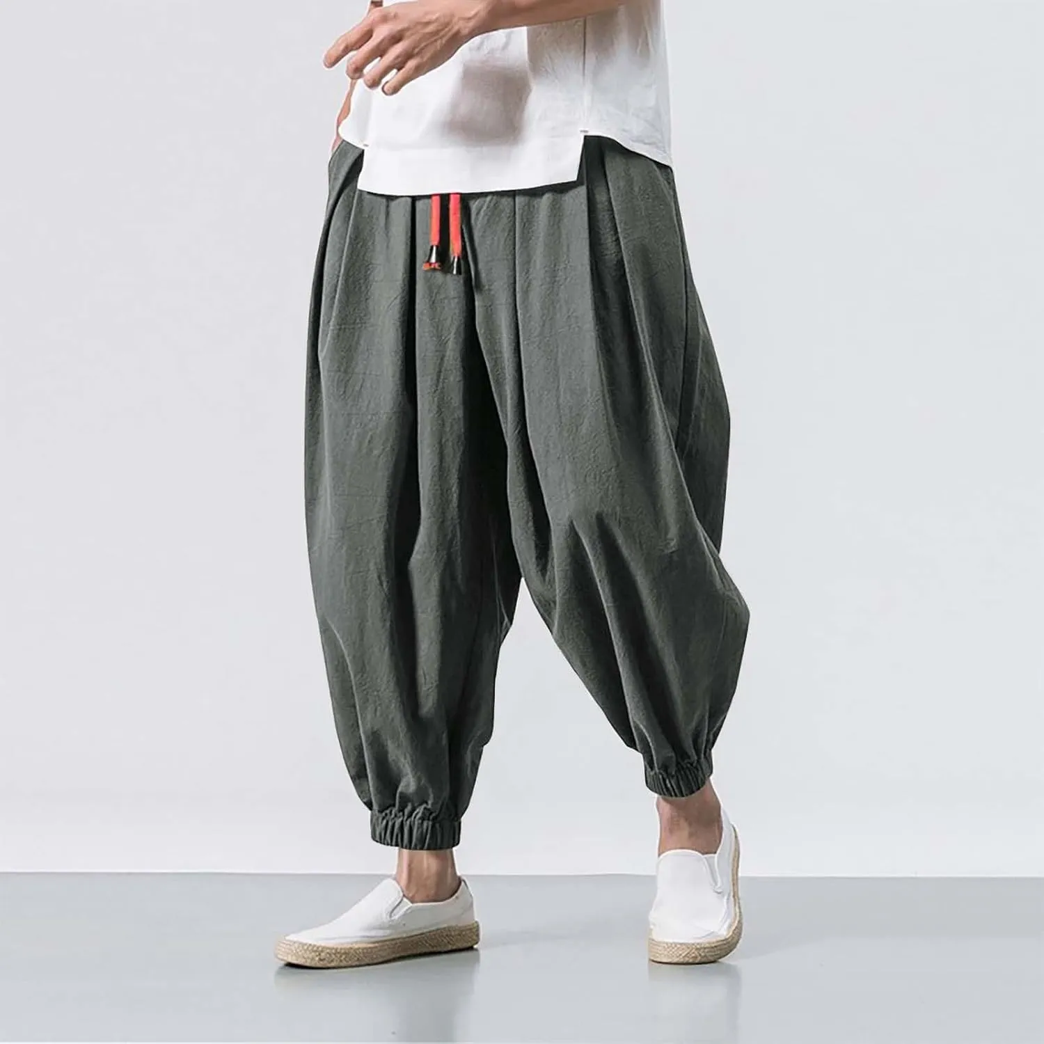 Mens Cotton Linen Harem Pants Drawstring Elastic Waist Casual Beach Yoga Crop Trousers Big and Tall Wide Leg Pant for Men