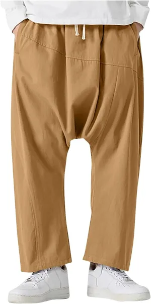 Mens Cotton Pants Summer Fashion Loose Fit Plus Size Harem Jogger Pant Casual Elastic Waist Drawstring Trousers