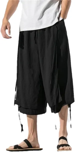 Men's Double Layer Harem Pants Cotton Elastic Waist Trousers Knee-Length Casual Sports Pants