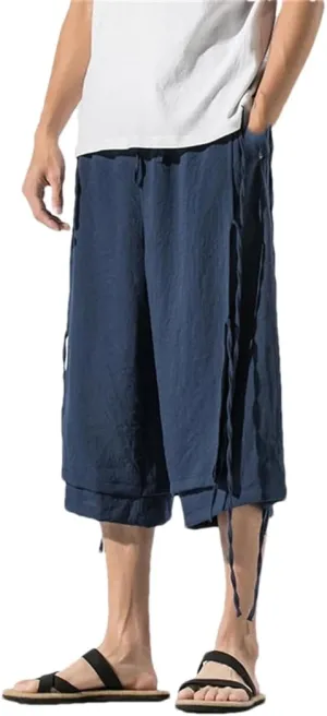 Men's Double Layer Harem Pants Cotton Elastic Waist Trousers Knee-Length Casual Sports Pants
