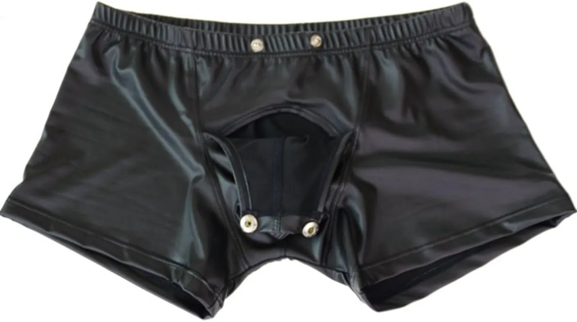 Men's Faux Leather Press Button Pouch Boxer Shorts Briefs Trunks Pants Underwear