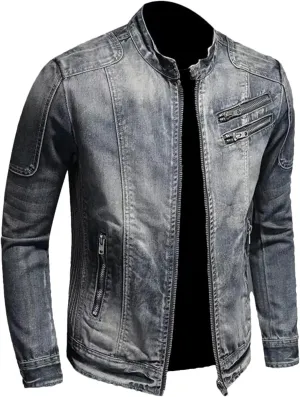 Men's Four Seasons Cotton Lapel Short Retro Denim Jacket Stand Collar Casual Loose Zipper Flight Jacket