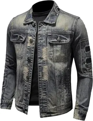 Men's Four Seasons Cotton Lapel Short Retro Denim Jacket Stand Collar Casual Loose Zipper Flight Jacket