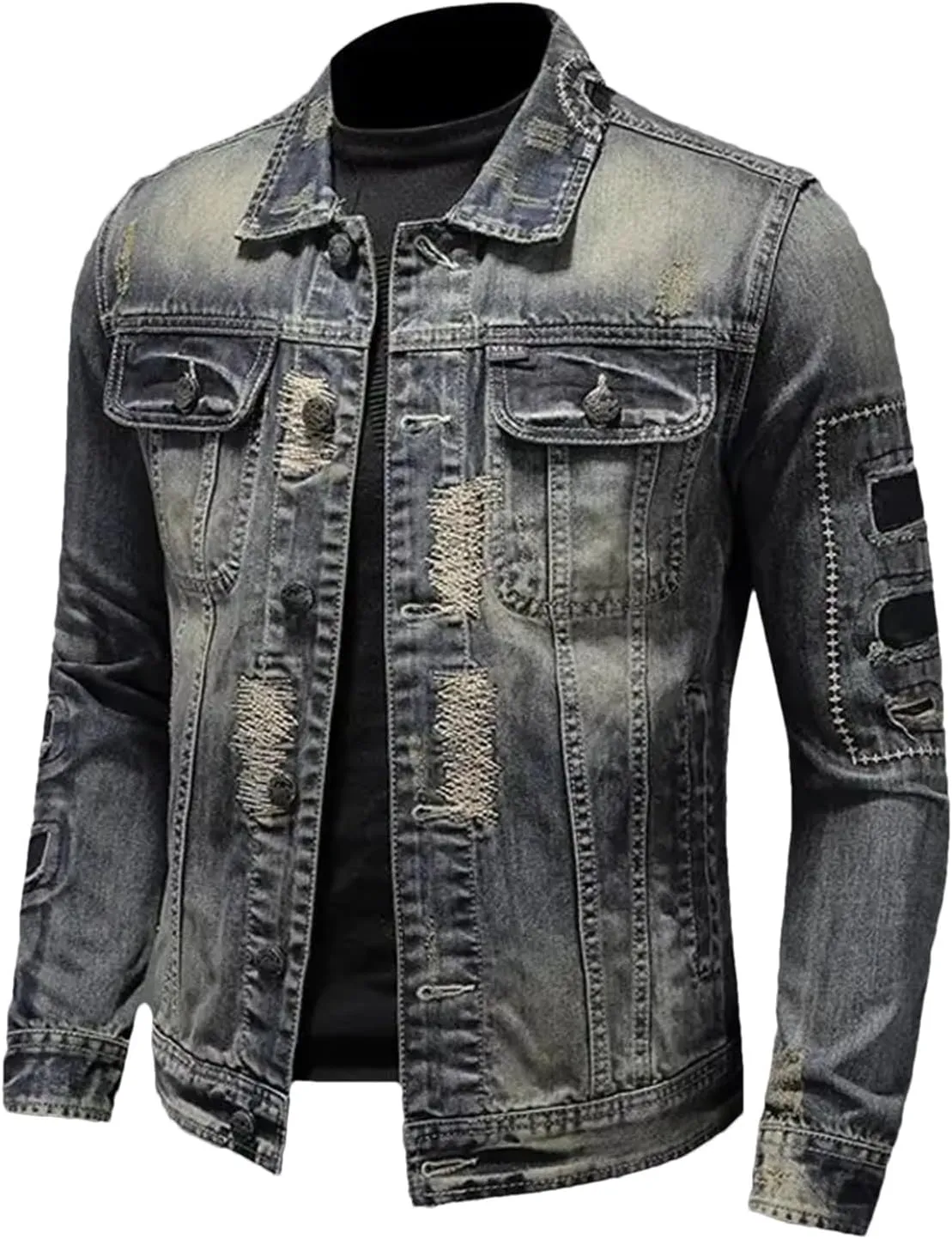 Men's Four Seasons Cotton Lapel Short Retro Denim Jacket Stand Collar Casual Loose Zipper Flight Jacket