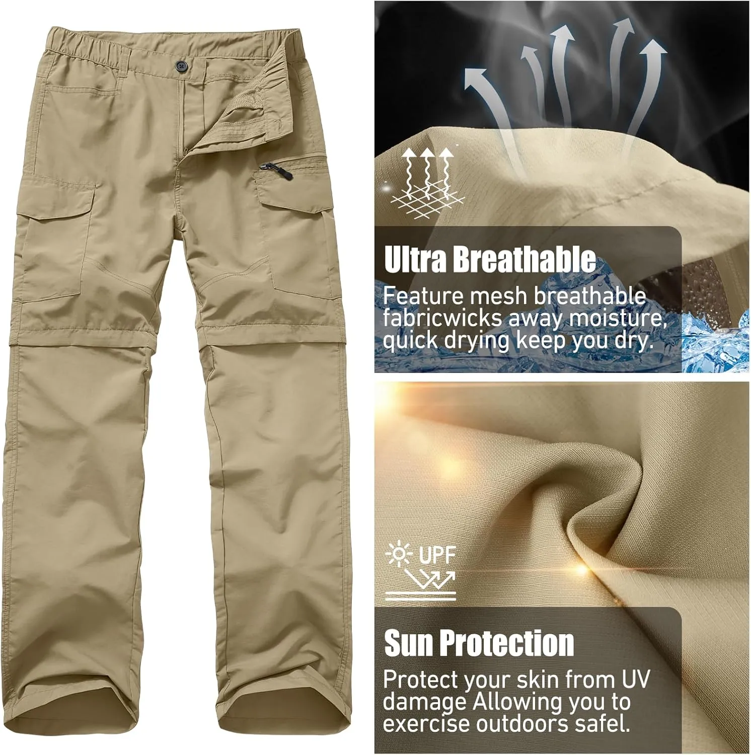 Mens Hiking Convertible Pants Quick Dry Zip Off Lightweight Cargo Fishing Work Pants Trousers with Belt