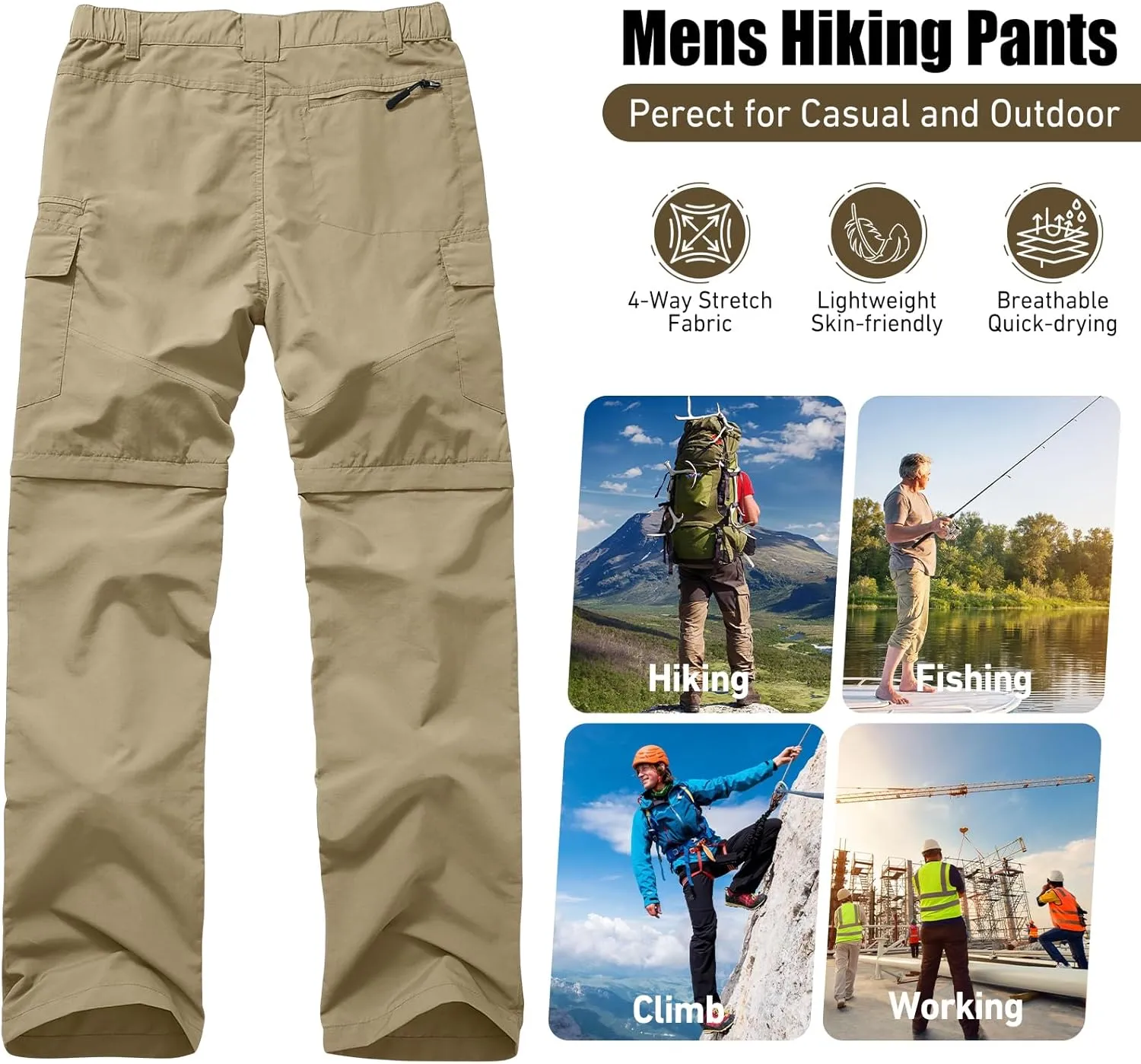 Mens Hiking Convertible Pants Quick Dry Zip Off Lightweight Cargo Fishing Work Pants Trousers with Belt