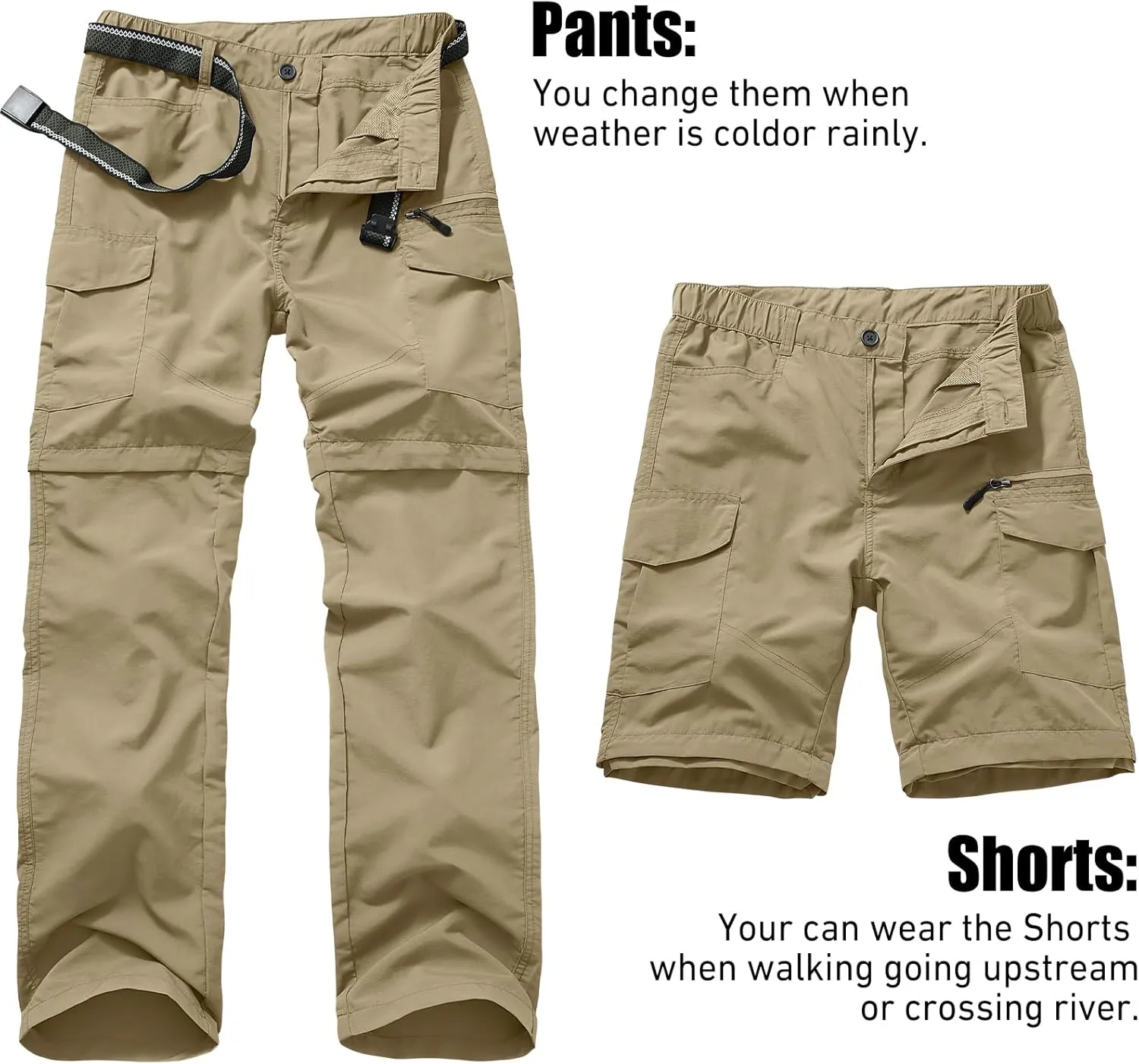 Mens Hiking Convertible Pants Quick Dry Zip Off Lightweight Cargo Fishing Work Pants Trousers with Belt