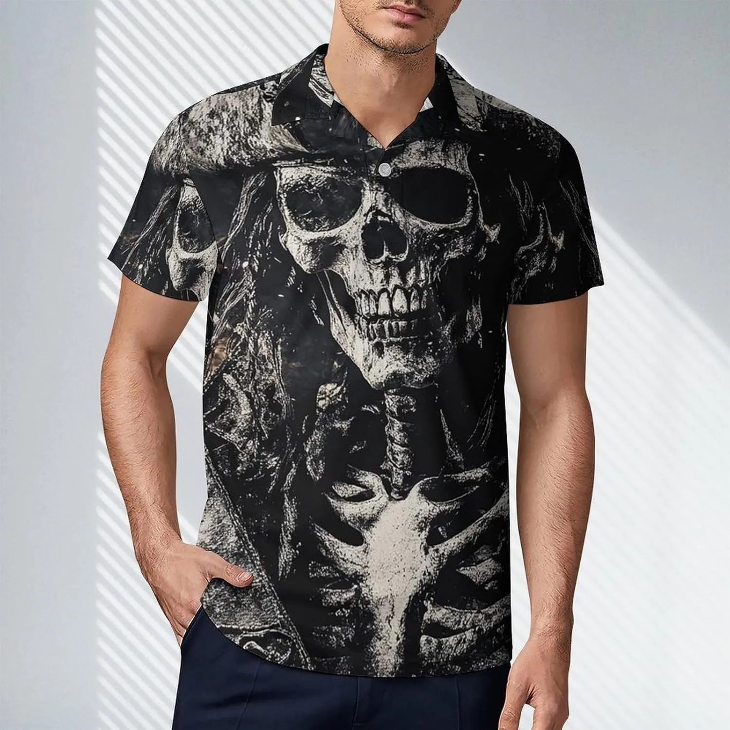 Men's Portrait of Pirate Skeleton Polo Shirts Short Sleeve Cool Golf Shirt Quick-Dry Activewear Polos