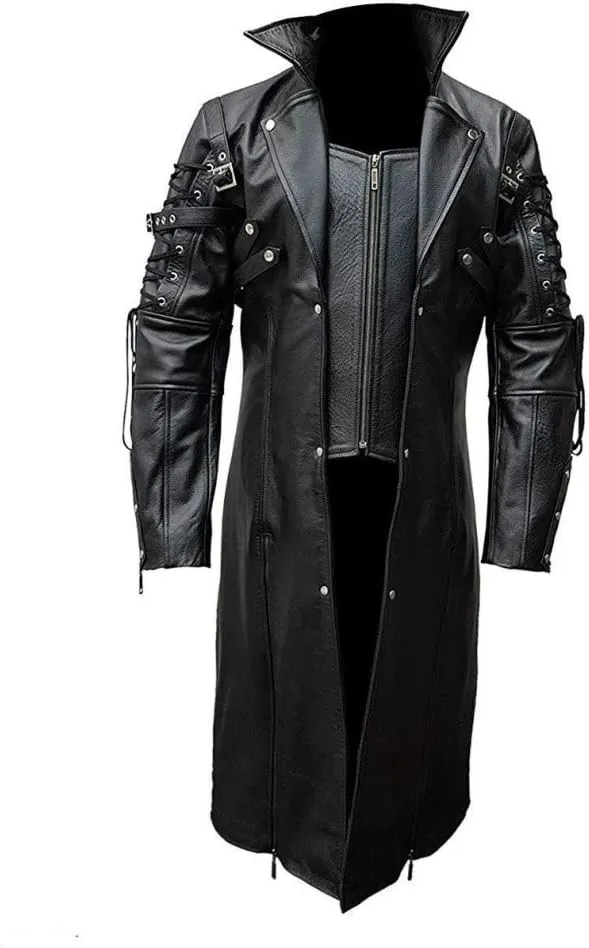Mens Real Black Leather Coat Goth Matrix Trench Coat Gothic Steampunk Coats (XXXL, Real Leather)