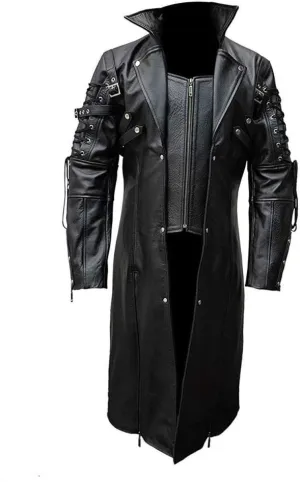Mens Real Black Leather Coat Goth Matrix Trench Coat Gothic Steampunk Coats (XXXL, Real Leather)
