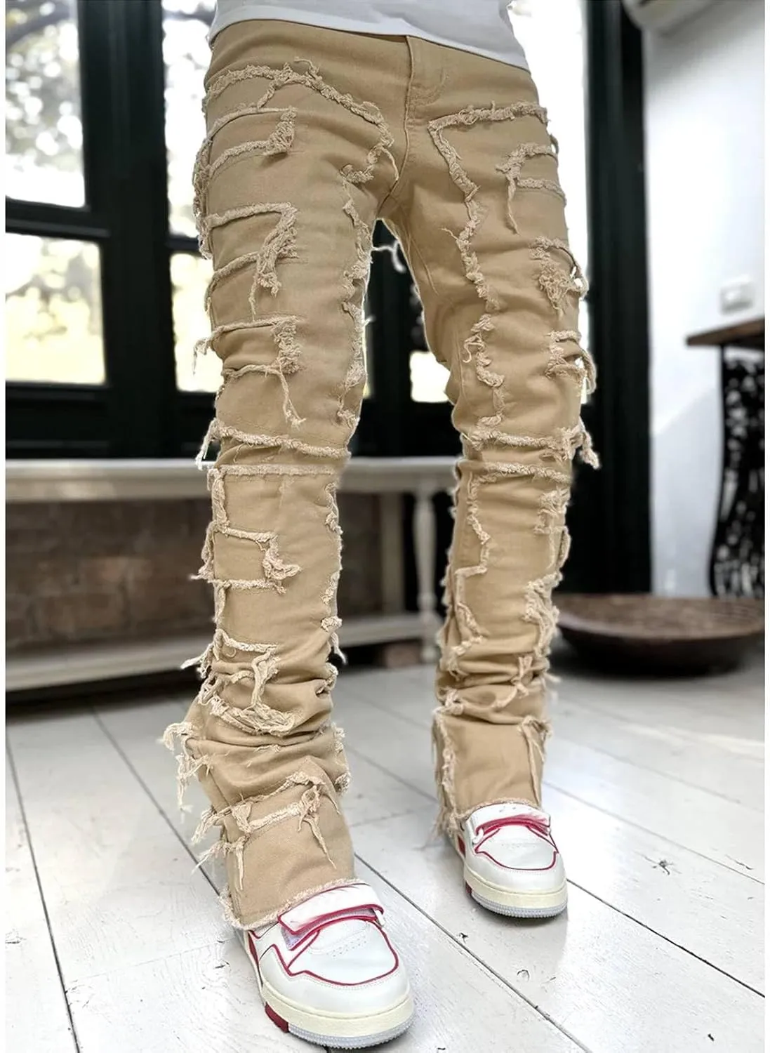 Men's Ripped Jeans Stylish Slim Fit Distressed Straight Leg Denim Pants Fall Casual Trousers Streetwear with Pockets