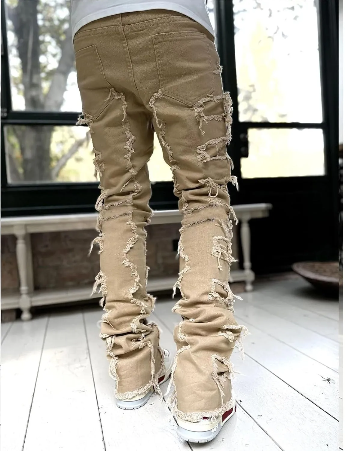 Men's Ripped Jeans Stylish Slim Fit Distressed Straight Leg Denim Pants Fall Casual Trousers Streetwear with Pockets