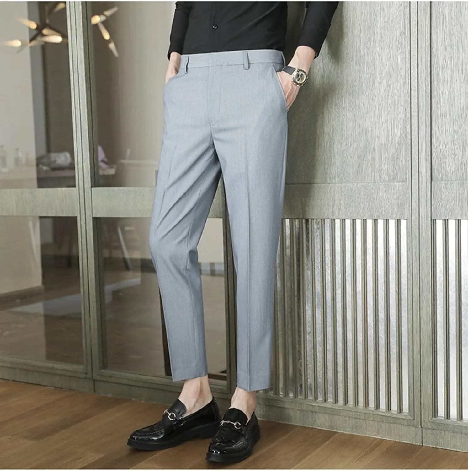 Men's Solid Color Slim Fit Flat Front Dress Pants, Formal Trousers Business Suit Pants Tapered Chino Pants