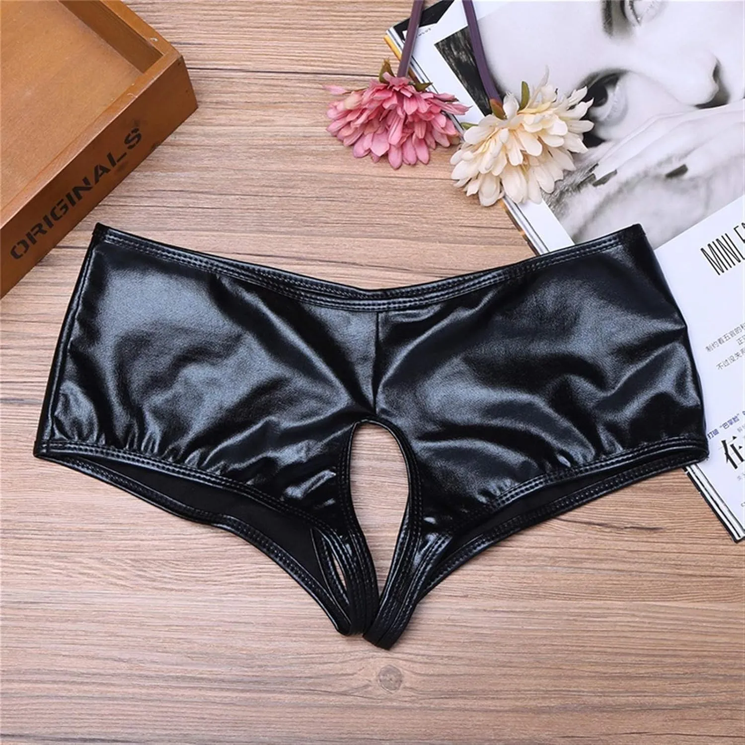 Men's Thongs, Briefs Women Underwear Lingerie Crotch Open Panties Faux Leather Brief Underpants (Color : Black, Size : Medium)