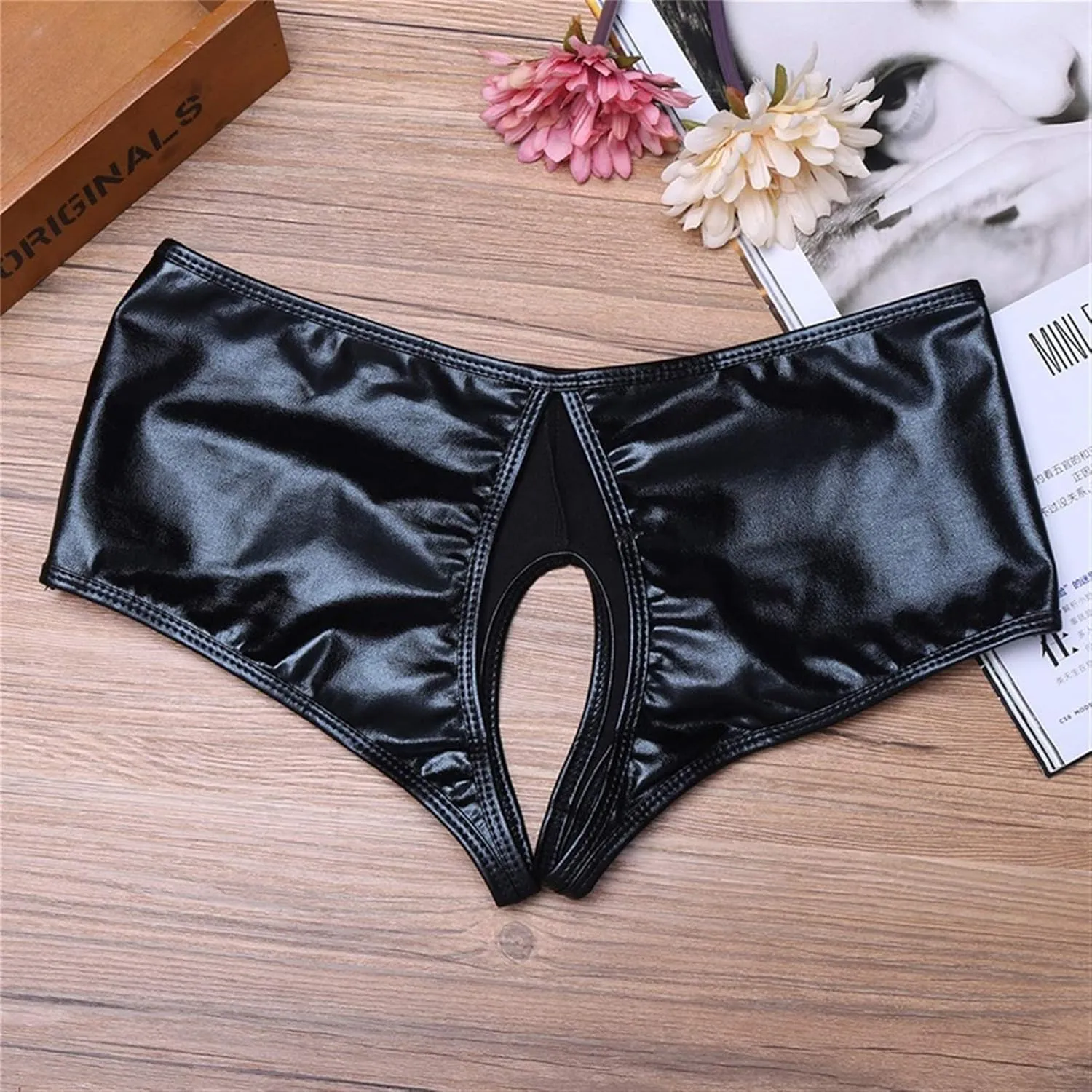 Men's Thongs, Briefs Women Underwear Lingerie Crotch Open Panties Faux Leather Brief Underpants (Color : Black, Size : Medium)