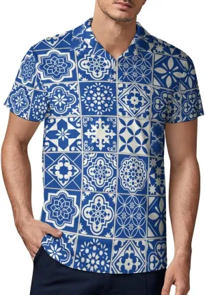 Men's Tiles Pattern Mediterranean Floral Mosaic Polo Shirts Short Sleeve Cool Golf Shirt Quick-Dry Activewear Polos