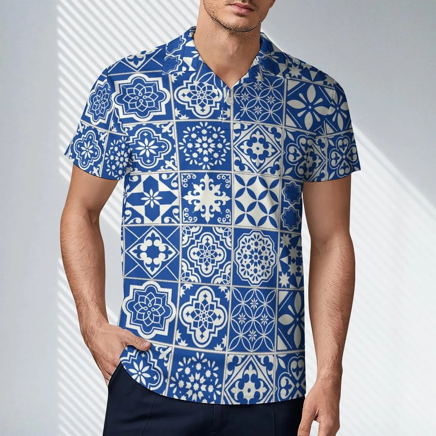 Men's Tiles Pattern Mediterranean Floral Mosaic Polo Shirts Short Sleeve Cool Golf Shirt Quick-Dry Activewear Polos