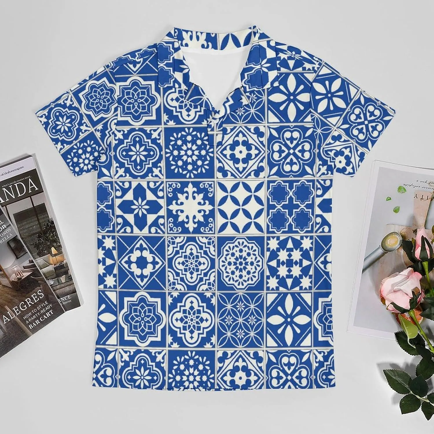 Men's Tiles Pattern Mediterranean Floral Mosaic Polo Shirts Short Sleeve Cool Golf Shirt Quick-Dry Activewear Polos
