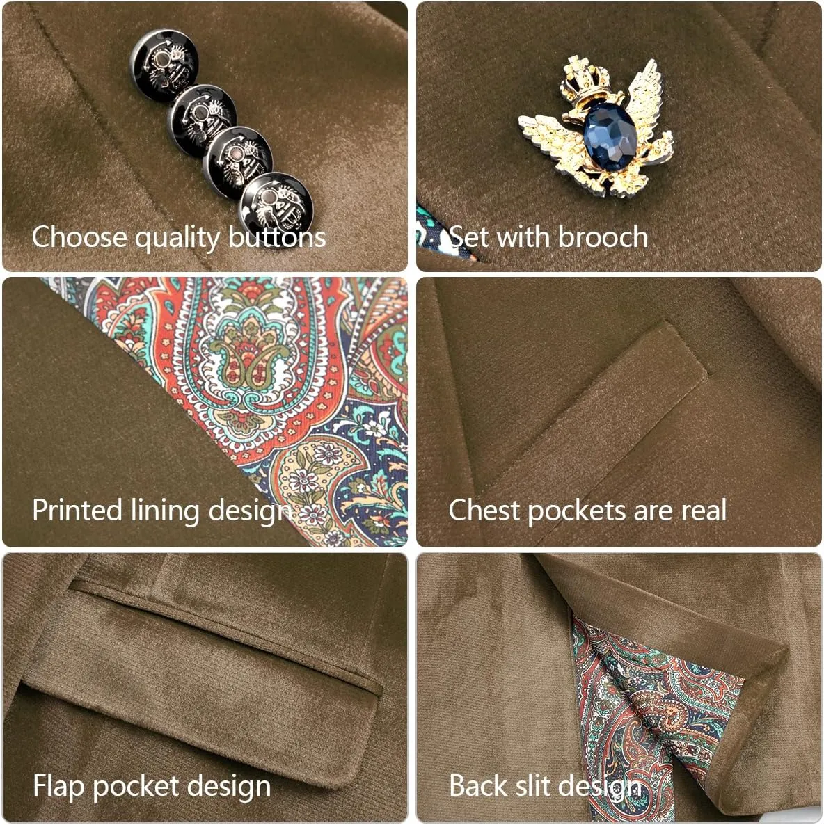Men's Velvet Blazer for Casual Men's Blazer one-Button Lapel Tuxedo with Brooch Dinner Party Wedding Prom Party