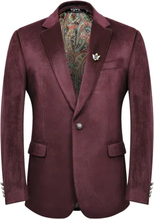 Men's Velvet Blazer for Casual Men's Blazer one-Button Lapel Tuxedo with Brooch Dinner Party Wedding Prom Party